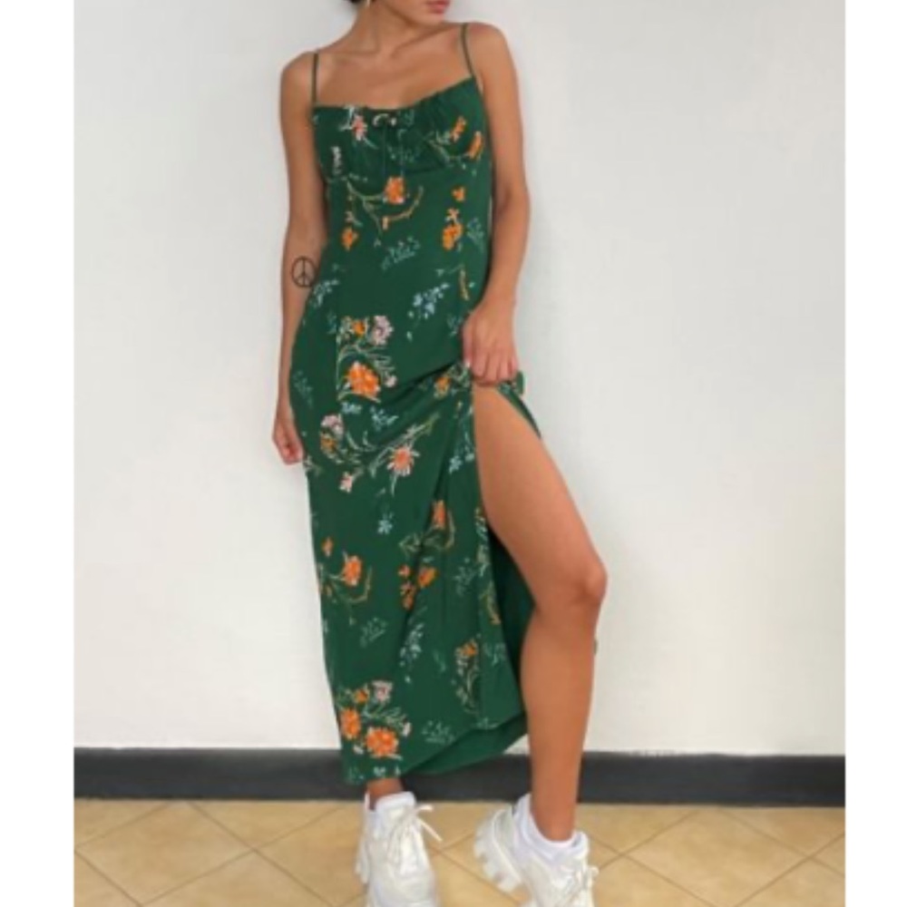 Green floral Tie-Back Midi Slip Dress